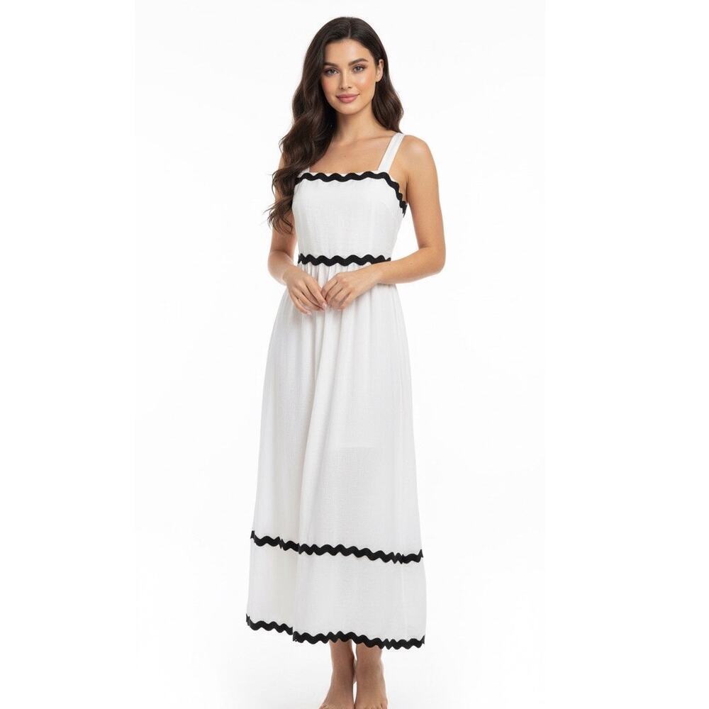 White Scallop Black Trim Midi Dress Smocked Cottagecore Romantic Medium Summer
